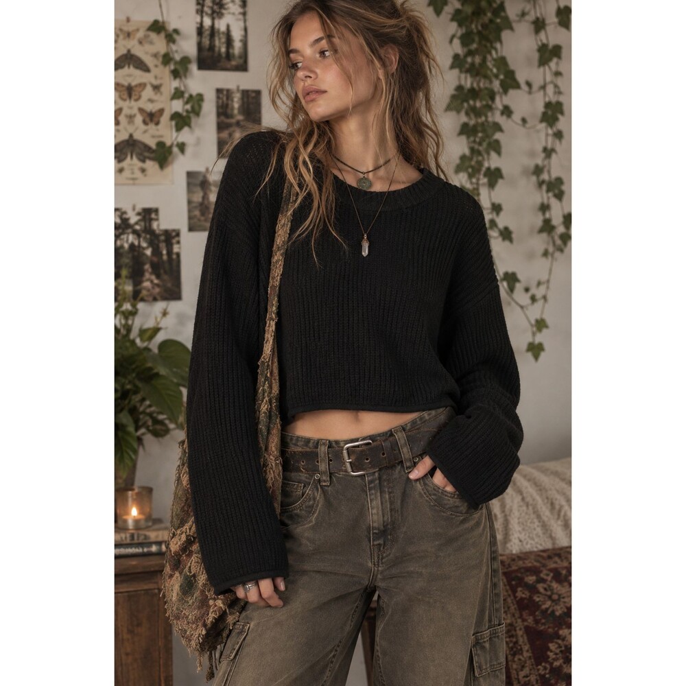 Wild Fable Cropped Sweater Womens S Black Ribbed Knit Fairy Grunge Goth Fairy